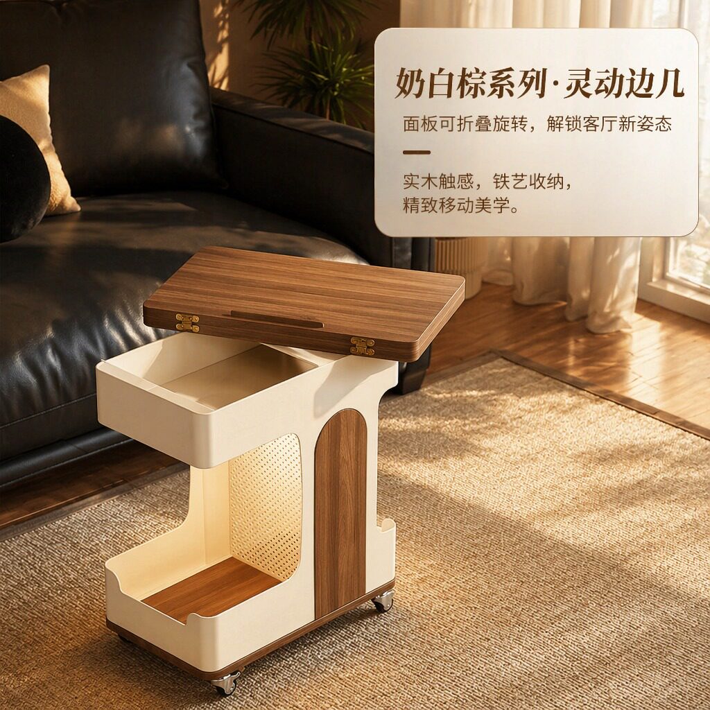 折叠移动小推车家用客厅卧室小茶几现代奶油白移动小推车