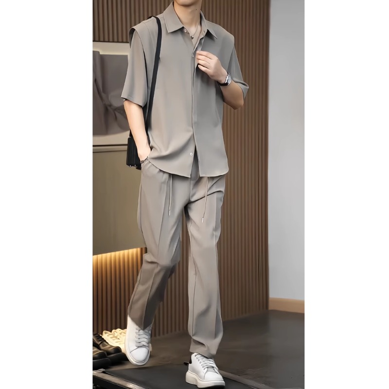 韩系高级垂感衬衫套装男潮牌夏季痞帅一套衣服2025新款冰丝两件套