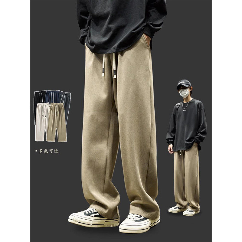 潮牌休闲卫裤男款秋冬季纯色加绒保暖阔腿裤子新款垂感直筒运动裤