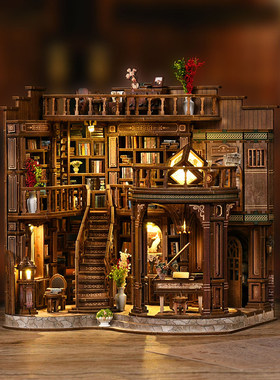 复古绮梦书厅新款带6灯diy小屋手工拼装别墅模型礼品DIY书立礼物
