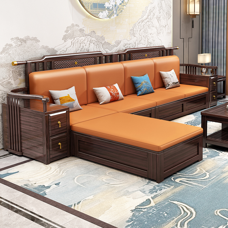 新中式实木沙发客厅乌金木现代简约冬夏两用储物贵妃沙发茶几组合