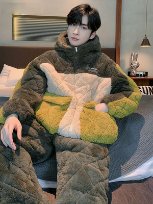 睡衣男士冬季加厚加绒珊瑚绒三层夹棉袄男款保暖可外穿家居服套装