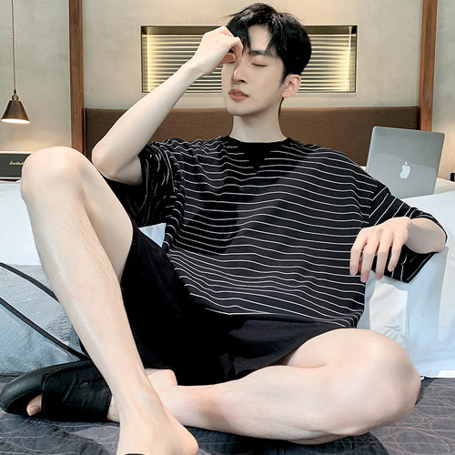 睡衣男士夏季莫代尔条纹短袖短裤2026年男款薄款可外穿家居服套装