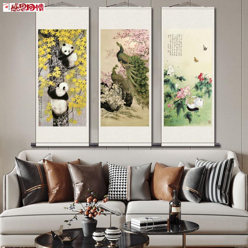熊猫卷轴画动物挂画宝宝房间装饰画丝绸Z画绢画玄关装饰可定制国