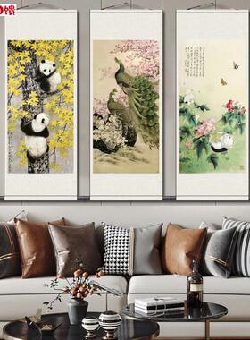 熊猫卷轴画动物挂画宝宝房间装饰画丝绸Z画绢画玄关装饰可定制国