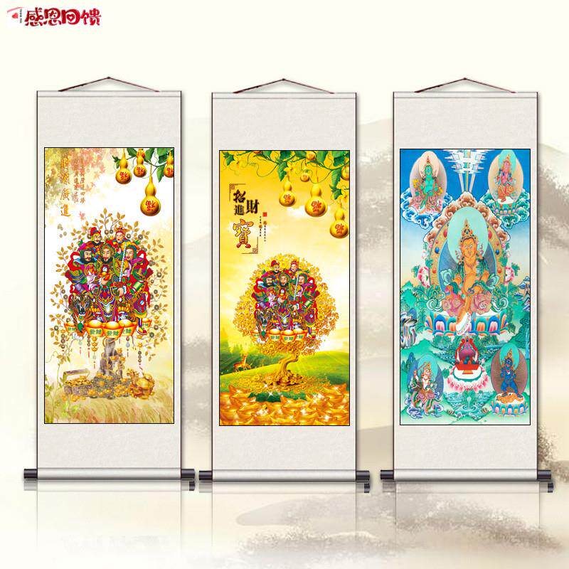 五路财神画像挂画e赵公明财神爷像招财风水画供奉装饰丝绸卷轴字