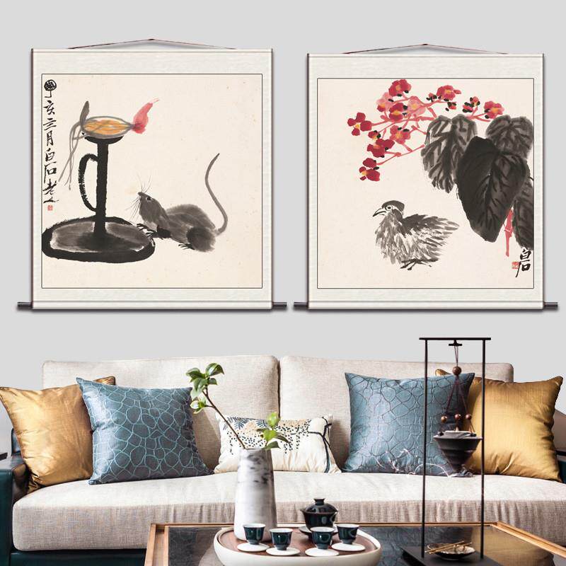 齐白石老鼠小鸡荷花斗方挂画可定制丝b绸壁画装饰卷轴名家丝绸字