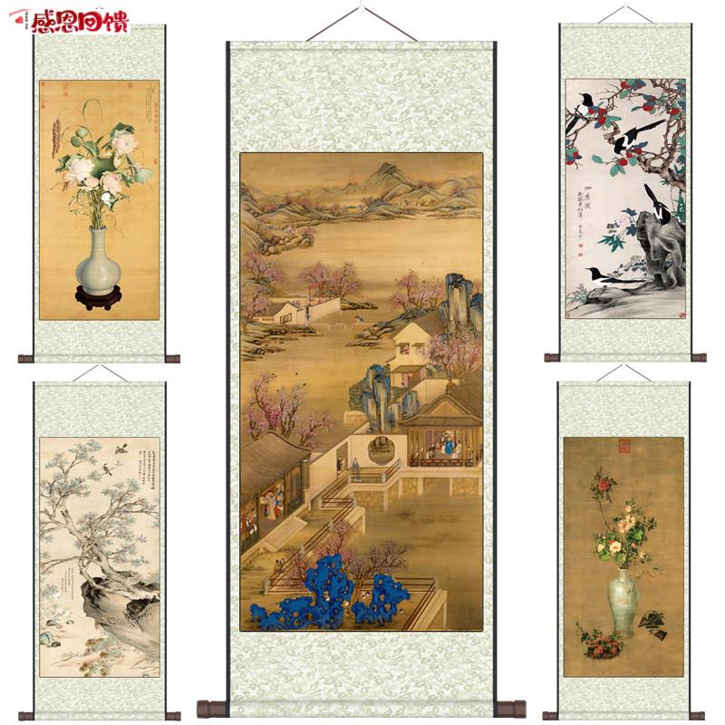 郎世宁花瓶图仿古行乐图丝绸卷c轴画国画名家花鸟古代岁朝清供字