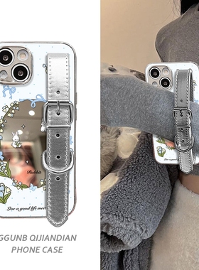 满屏波点蓝铃花镜框银色皮扣腕带适用vivox100手机壳x90/x80/70/60/50女s19pro简约s18/s17/s16/s15/s12软y52