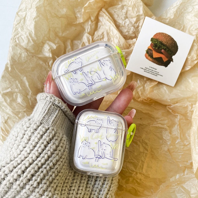 蓝线条猫咪适用小米3pro降噪耳机保护套透明红米Buds5/4/3蓝牙保护壳buds4pro软air2SE降噪3耳机壳Dots3