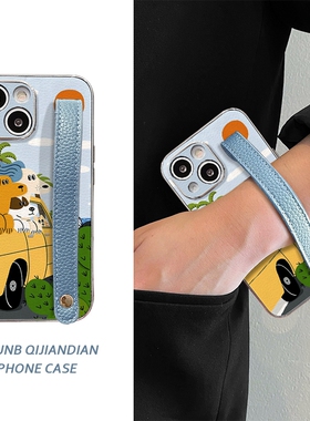 油画趴车窗三狗一猫蓝皮腕带适用小米14pro手机壳红米k70/60/50/40/30潮13/12s/11红米note13/12防摔note10/9