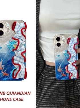 油画蓝色荷花红鲤鱼适用OPPOReno13Pro手机壳12/11高级10保护套9简约reno8小众7防摔6/5个性k11软a97潮