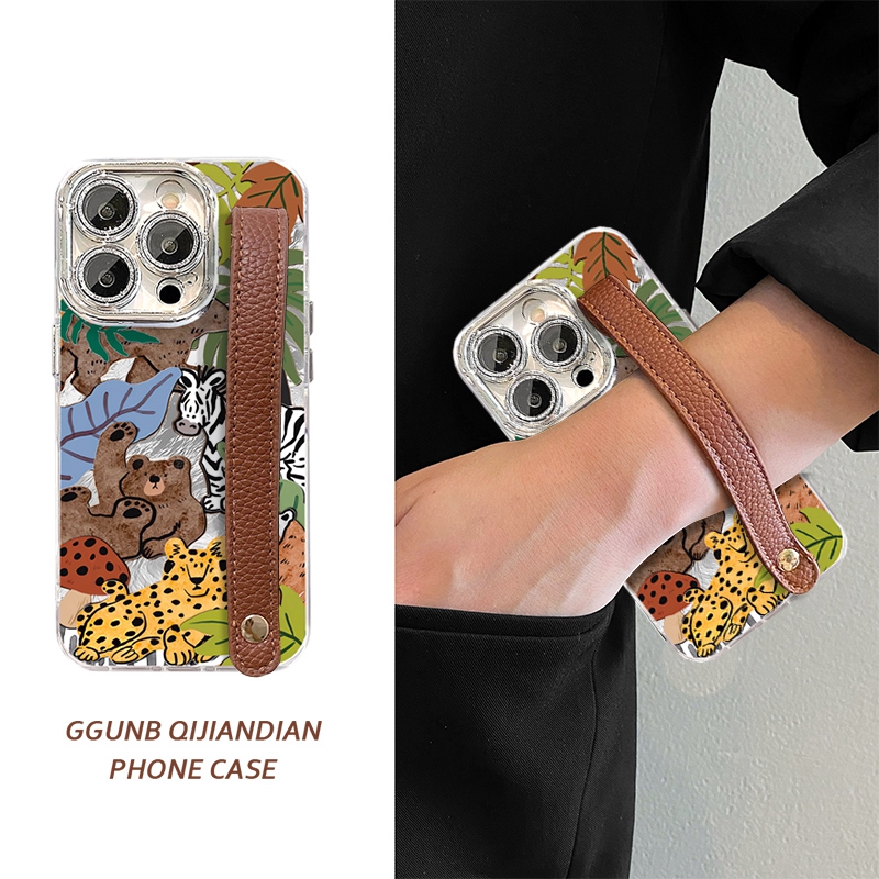 绘画风熊豹子动物园棕皮腕带适用华为Pura70pro手机壳p60/50/40日韩nova12pro/11/10女mate60/30/20防摔9SE