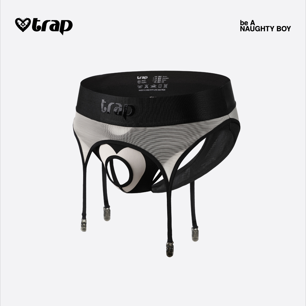 Trap「密洞」系列男式多元酷儿含真丝吊带开裆双丁内裤-神秘黑