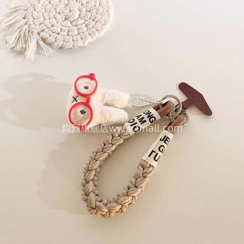 可爱卡通针织红眼镜米菲兔挂饰吊坠手机壳挂绳编织带尼龙短款手提防丢手机链趣味ins女款ccd钥匙扣便携手腕带
