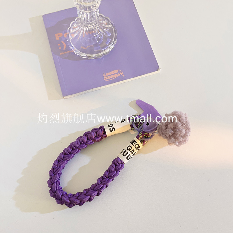 小众创意立体吊坠紫色毛球铃铛手机编织尼龙短款手绳秋冬ins女款手提防丢车钥匙扣耳机挂链便携户外结实耐用
