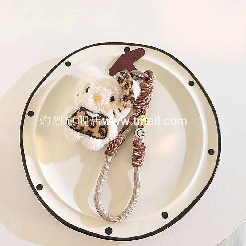 可爱米色豹纹KT猫公仔手机挂绳