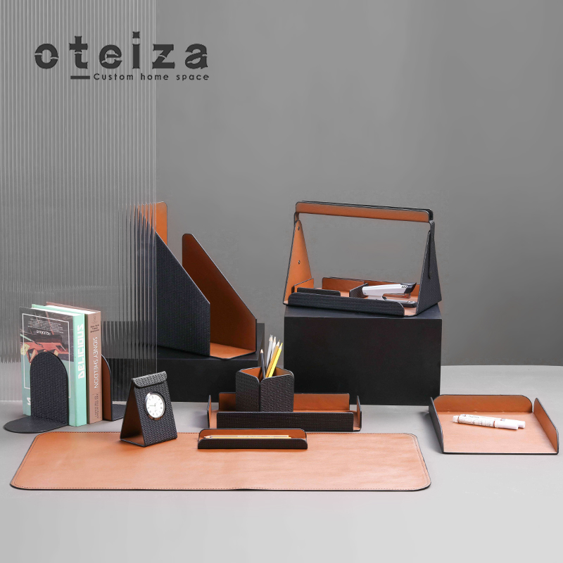 Oteiza现代简约文件夹书靠金属皮革文件收纳盒笔筒时钟办公室摆件