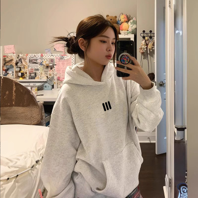 加绒连帽卫衣女秋冬加厚2025新款爆款白灰色宽松长袖春秋薄款上衣