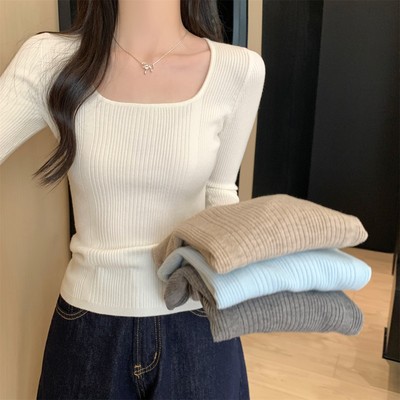 纯色简约方领毛衣打底衫女2025秋冬季竖坑条显瘦内搭修身针织上衣