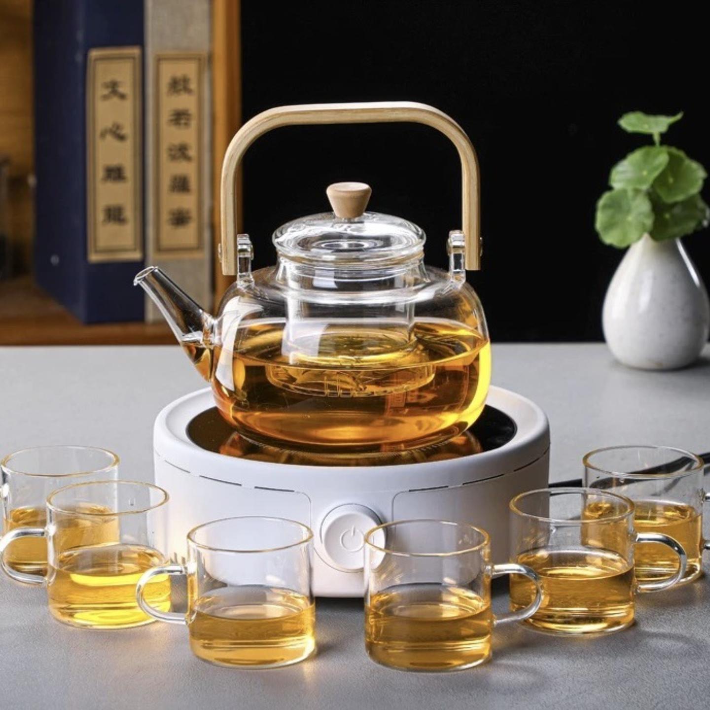 围炉煮茶壶新中式竖条纹提梁 壶玻璃茶器蒸煮一体内胆玻璃泡茶壶