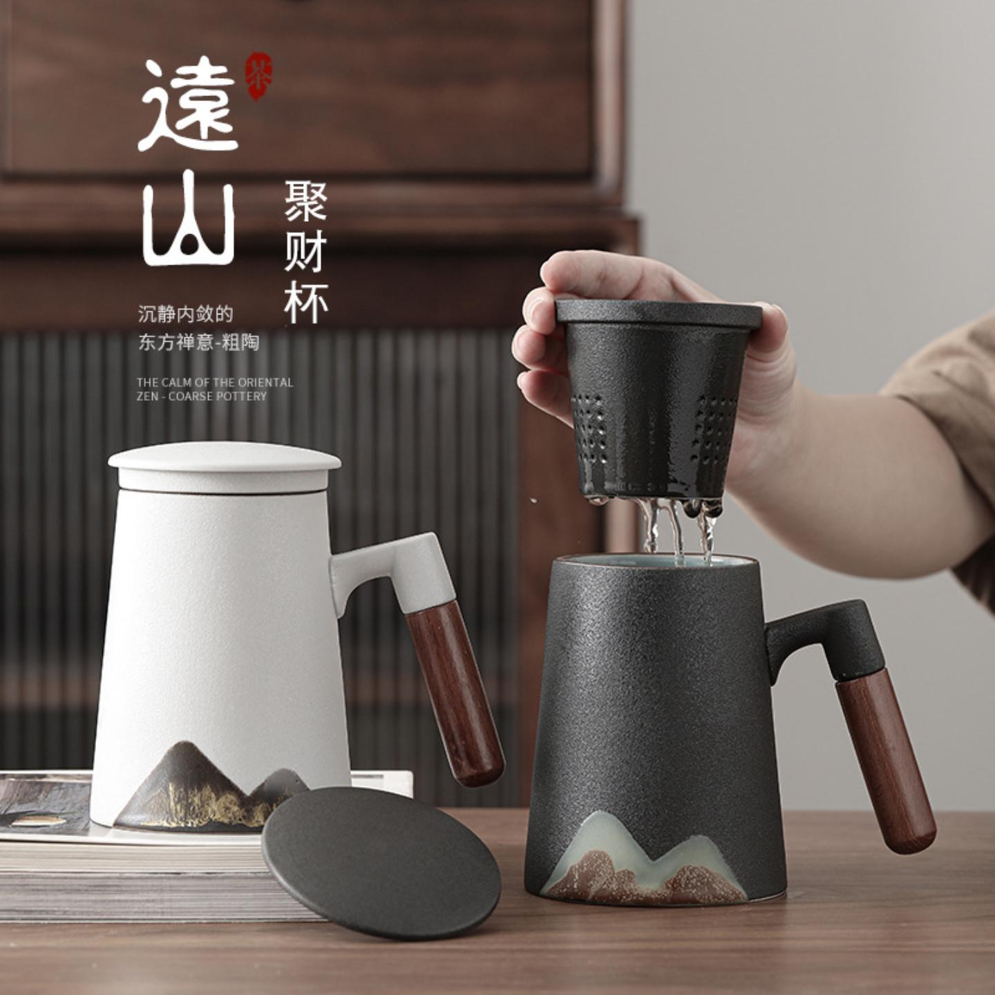 釉画彩手绘马克杯木把手陶瓷茶杯