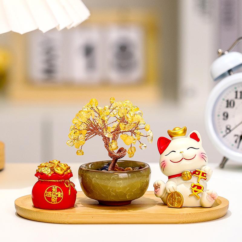 招财sjbp猫发树家摆件居装饰品办公室迁入户玄关黄水晶财树开乔业