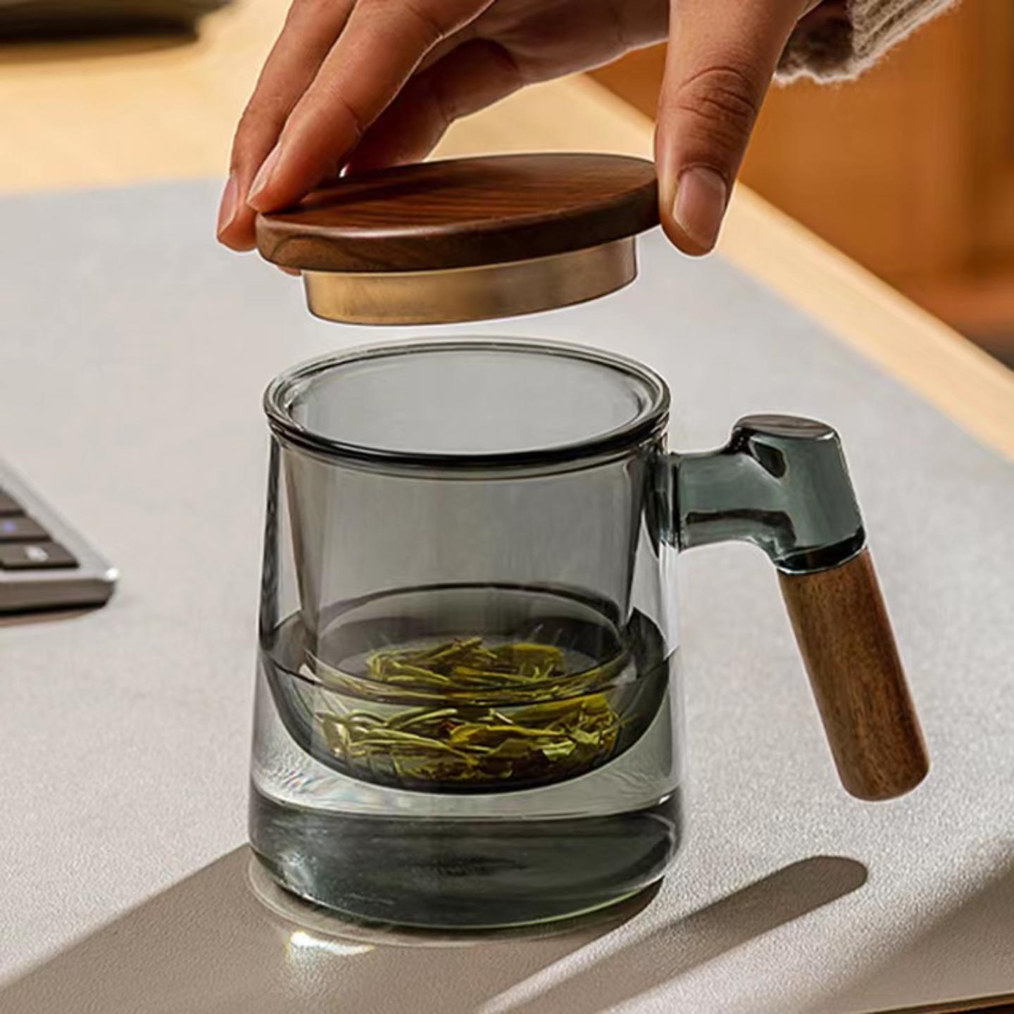 侧木把玻璃泡茶三件杯高硼硅茶水