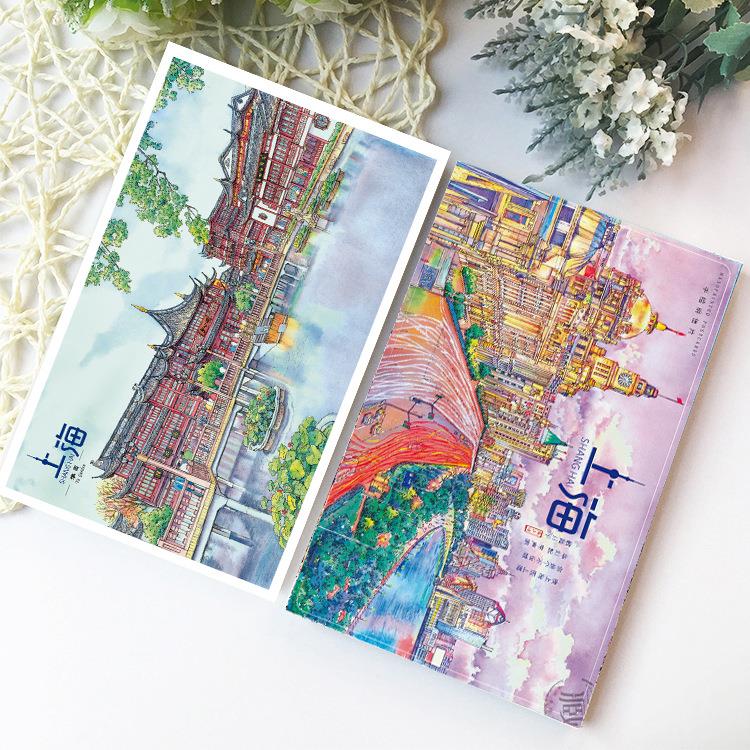 七上豫园宝朱家角手明信片文创纸质旅SHSHMXP游礼品东方明珠手绘