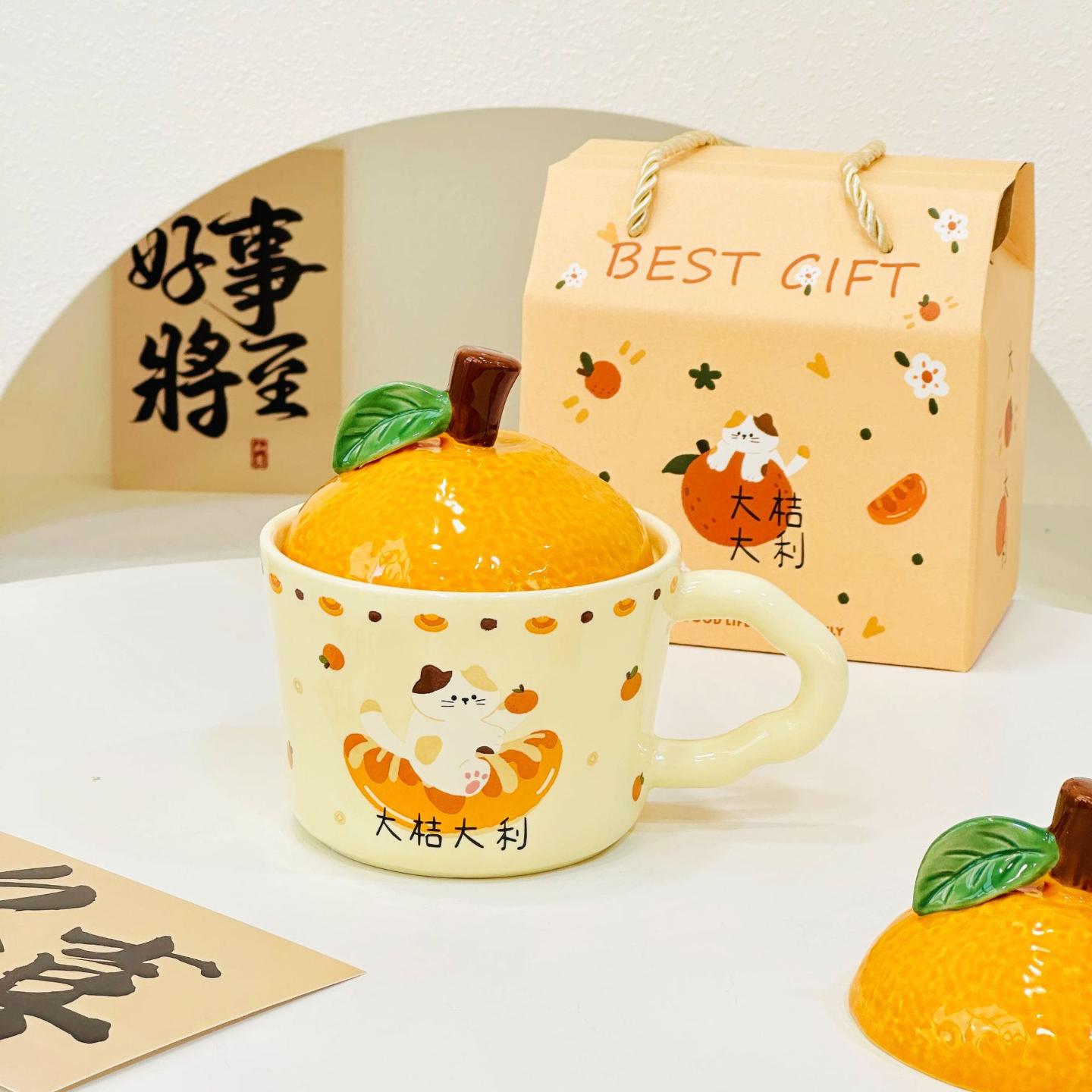 卡通猫咪陶瓷杯大吉大利水杯带盖