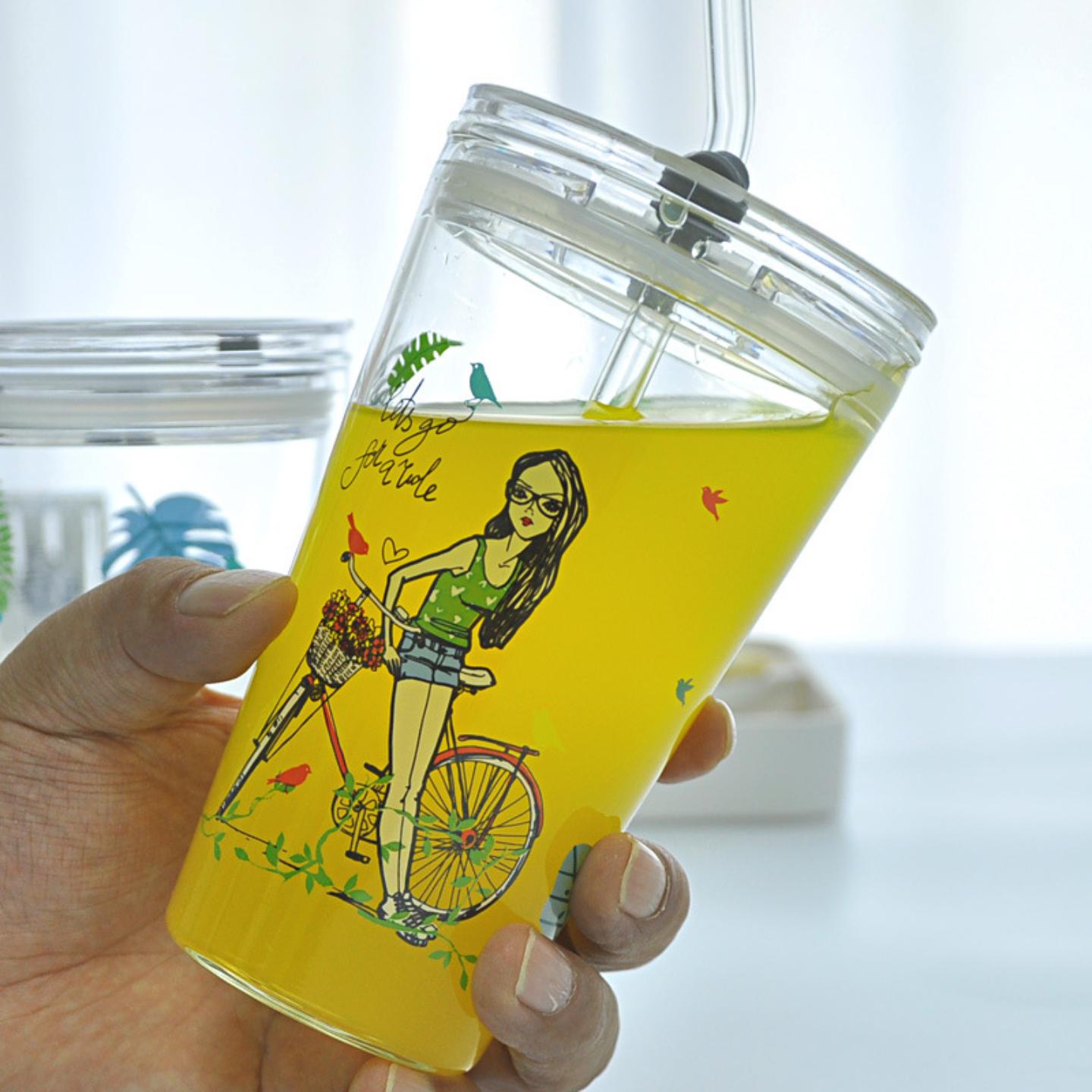 吸管杯女可爱家用透明带盖创意大容量耐冷热网红果汁玻璃水杯