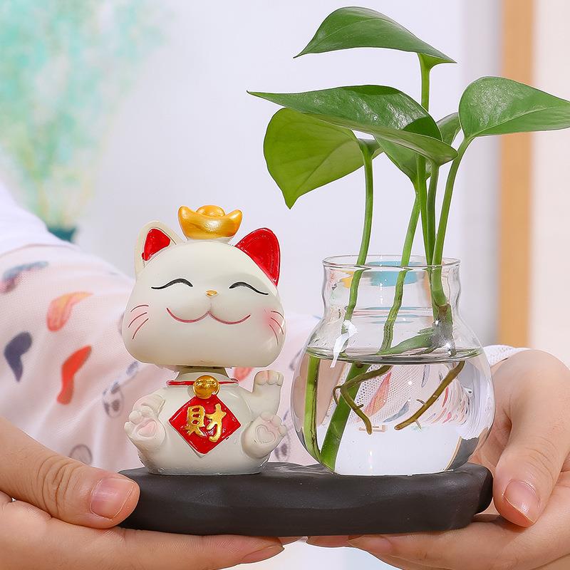 培招财摇猫树脂工艺件卡通头玄关办公桌玻ZCMSP璃水装饰品节摆日
