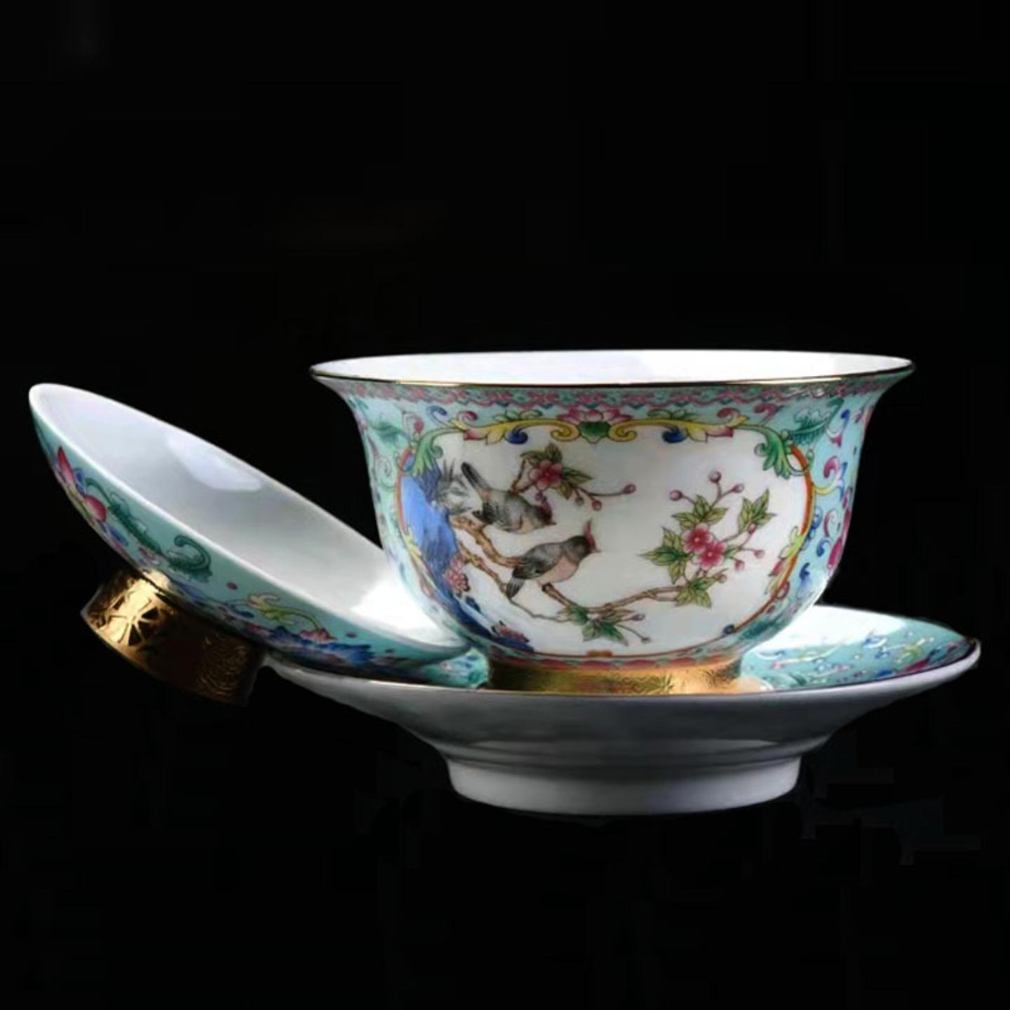 珐琅彩大号三才盖碗茶杯羊脂玉瓷