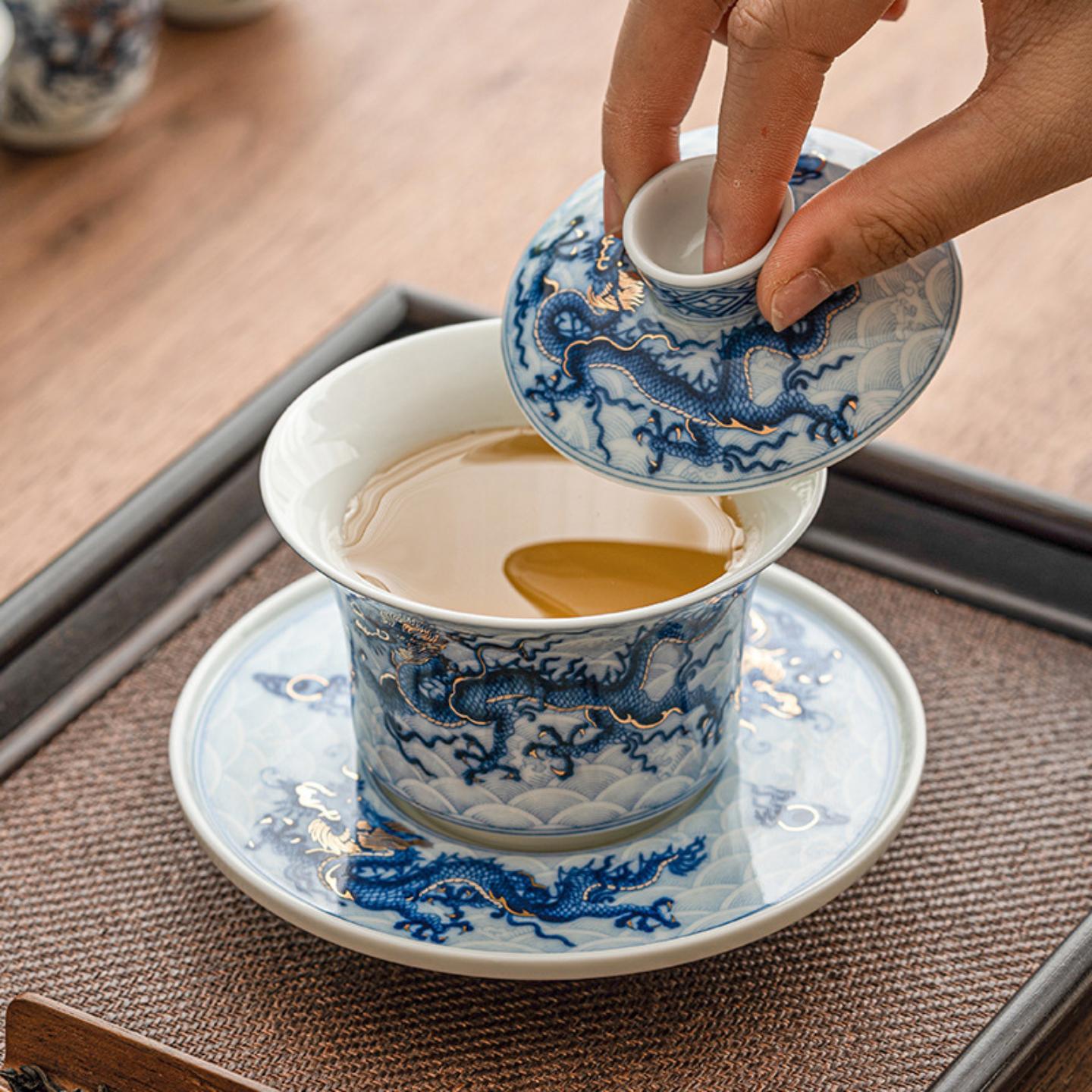 金银错青花龙纹三才盖碗单个高档