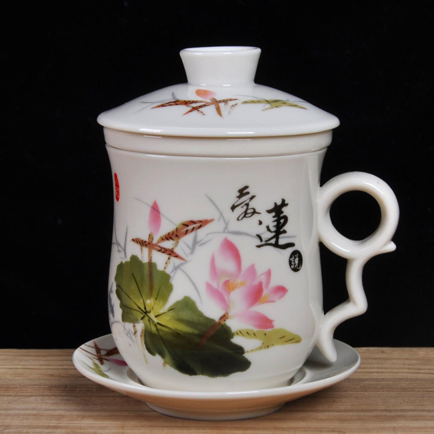陶瓷茶水分离泡茶杯青花瓷带过滤