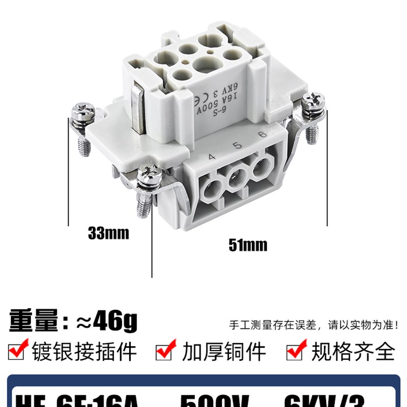 矩形重载连接器HE-4/5/6/10/16/24/32/48芯16/35/80A内芯公芯母芯