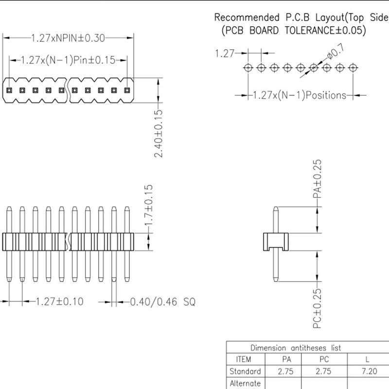 1.27mm间距 单排针 1.27直插针 1*2P/3/4/5/6/7/8/9/10/12/15-40P