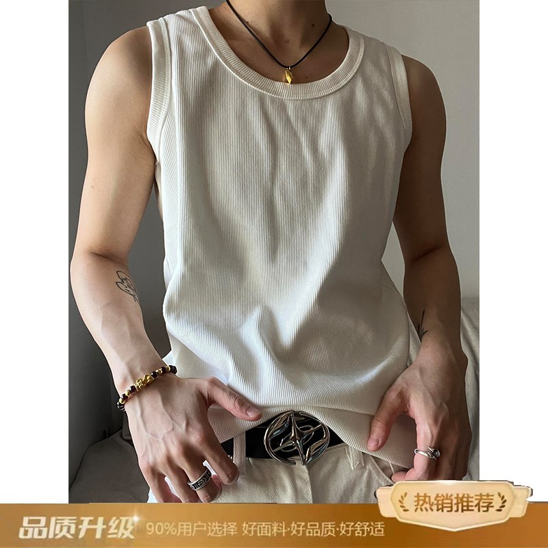 白色重磅螺纹背心男款夏季修身显肌肉无袖T恤美式健身运动打底衫图片