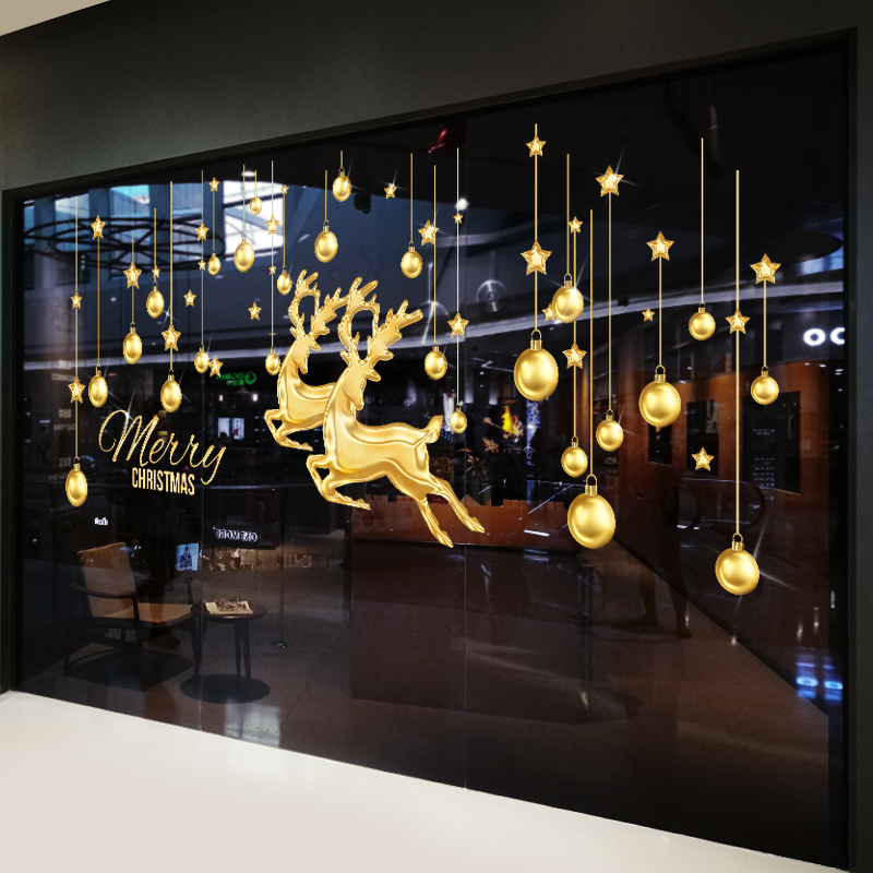 创意圣诞节装饰麋鹿铃铛金色挂饰玻璃贴纸场景布置墙贴店铺橱窗画图片
