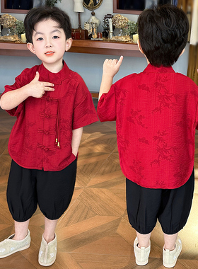 儿童汉服2025新款男童红色中国风唐装民族风中小童夏季表演两件套