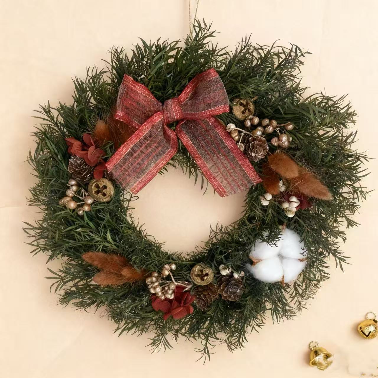 圣诞花环门饰红金蝴蝶结松果棉花挂件橱窗场景布置墙面装饰挂饰