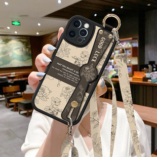 适用iPhone苹果15手机壳16新款 17斜挎挂绳13腕带12斜跨promax线稿山茶花11女8plus简约pro背带14保护套防摔6s