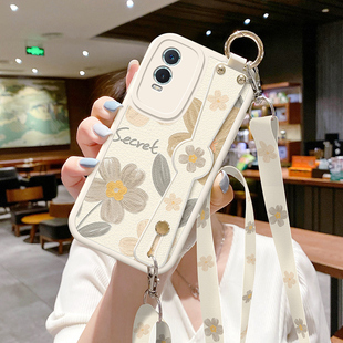 适用vivoy53s手机壳y52s新款 简约y32油画花朵y35十斜挎挂绳y36防摔y33s背带y31s清新y30腕带t1保护套T2女vivo