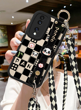 适用荣耀90手机壳200可斜挎80gt背带挂绳70pro格子熊猫400新款x50i畅玩60plus硅胶40腕带v30华为100保护套300