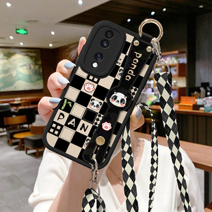 适用荣耀90手机壳200可斜挎80gt背带挂绳70pro格子熊猫400新款 x50i畅玩60plus硅胶40腕带v30华为100保护套300