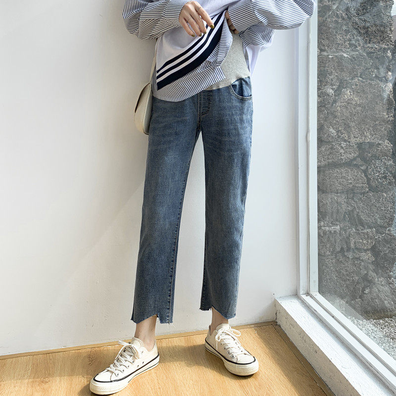 孕妇牛仔裤加绒加厚秋冬季外穿直筒裤宽松休闲裤托腹时尚小脚裤潮