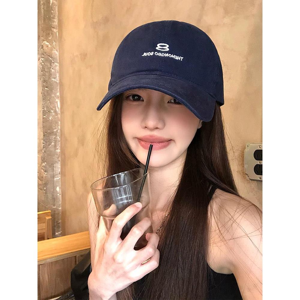 美式字母刺绣宽帽檐鸭舌帽女弯檐大脸显脸小帽子复古水洗棉棒球帽