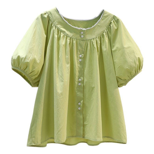 花边圆领灯笼袖衬衫女小清新果绿色衬衣2025夏季百搭褶皱上衣潮
