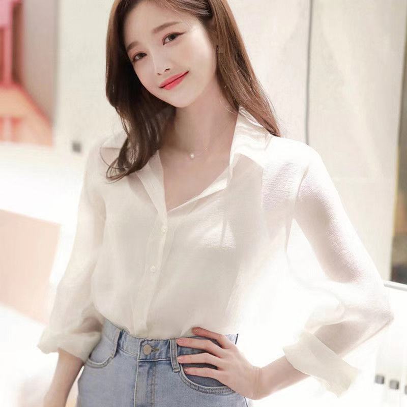 白色雪纺衬衫女长袖时尚洋气2024夏季新款透视防晒上衣透明性感潮