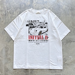 头文字 D Initial D复古水洗做旧T恤马自达RX7日系漫画赛车短袖男